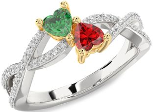 Diamond Emerald Platinum & Yellow Gold Infinity Two Heart Birthstone Ring