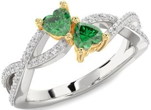Diamond Emerald Platinum & Yellow Gold Infinity Two Heart Birthstone Ring