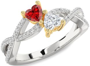 Diamond Emerald Platinum & Yellow Gold Infinity Two Heart Birthstone Ring