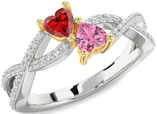 Diamond Emerald Platinum & Yellow Gold Infinity Two Heart Birthstone Ring