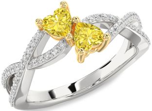 Diamond Emerald Platinum & Yellow Gold Infinity Two Heart Birthstone Ring