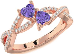 Diamond Emerald Rose Gold Infinity Two Heart Birthstone Ring