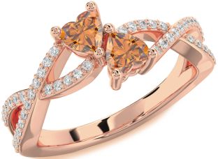 Diamond Emerald Rose Gold Infinity Two Heart Birthstone Ring