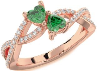 Diamond Emerald Rose Gold Infinity Two Heart Birthstone Ring