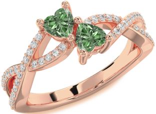 Diamond Emerald Rose Gold Infinity Two Heart Birthstone Ring