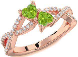 Diamond Emerald Rose Gold Infinity Two Heart Birthstone Ring