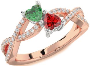 Diamond Emerald Platinum & Rose Gold Infinity Two Heart Birthstone Ring
