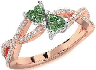 Diamond Emerald Platinum & Rose Gold Infinity Two Heart Birthstone Ring