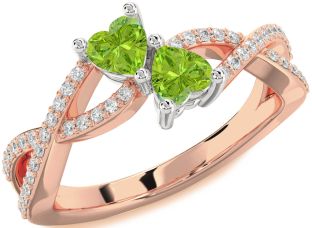 Diamond Emerald Platinum & Rose Gold Infinity Two Heart Birthstone Ring