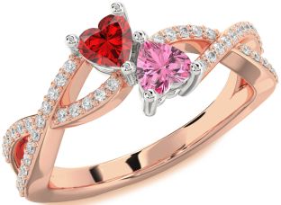 Diamond Emerald Platinum & Rose Gold Infinity Two Heart Birthstone Ring