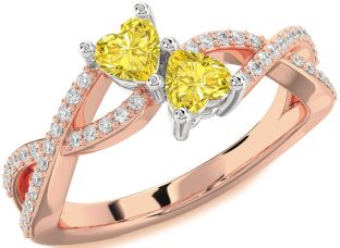 Diamond Emerald Platinum & Rose Gold Infinity Two Heart Birthstone Ring