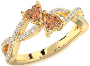 Diamond Emerald Gold Infinity Two Heart Birthstone Ring