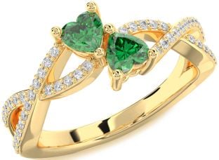 Diamond Emerald Gold Infinity Two Heart Birthstone Ring