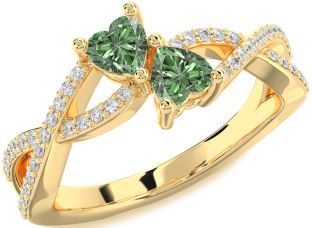 Diamond Emerald Gold Infinity Two Heart Birthstone Ring