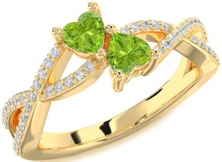 Diamond Emerald Gold Infinity Two Heart Birthstone Ring