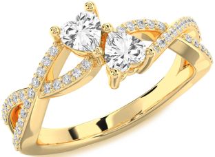 Diamond Emerald Gold Infinity Two Heart Birthstone Ring