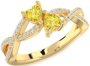 Diamond Emerald Gold Infinity Two Heart Birthstone Ring