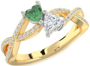 Diamond Emerald Platinum & Yellow Gold Infinity Two Heart Birthstone Ring