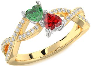 Diamond Emerald Platinum & Yellow Gold Infinity Two Heart Birthstone Ring