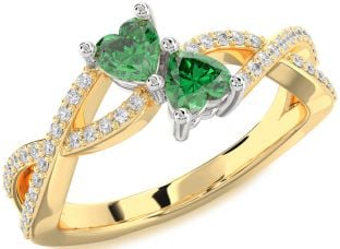 Diamond Emerald Platinum & Yellow Gold Infinity Two Heart Birthstone Ring