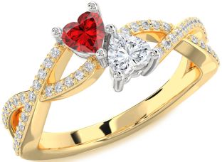 Diamond Emerald Platinum & Yellow Gold Infinity Two Heart Birthstone Ring