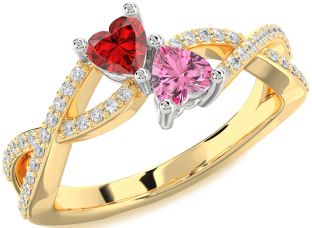 Diamond Emerald Platinum & Yellow Gold Infinity Two Heart Birthstone Ring