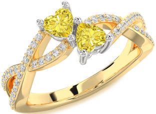 Diamond Emerald Platinum & Yellow Gold Infinity Two Heart Birthstone Ring