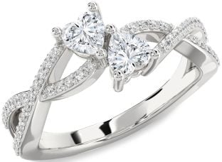 Diamond Silver Heart Two Heart Ring