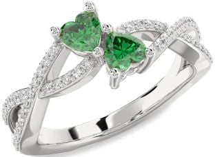 Diamond Emerald Silver Infinity Two Heart Birthstone Ring