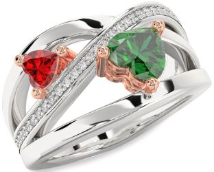 Diamond Emerald Silver & 10K Rose Gold Two Heart Birthstone Ring