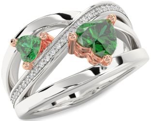 Diamond Emerald White Rose Gold Two Heart Birthstone Ring
