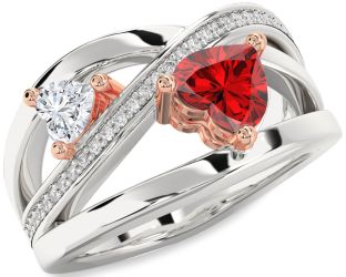 Diamond Emerald Platinum & Rose Gold Two Heart Birthstone Ring