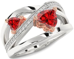 Diamond Emerald Silver & 10K Rose Gold Two Heart Birthstone Ring