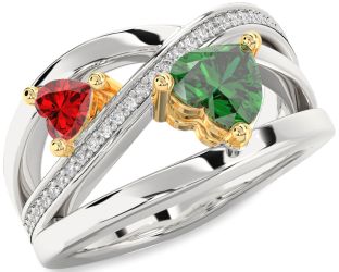 Diamond Emerald Silver & 10K gold Two Heart Birthstone Ring