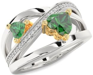 Diamond Emerald Platinum & Yellow Gold Two Heart Birthstone Ring