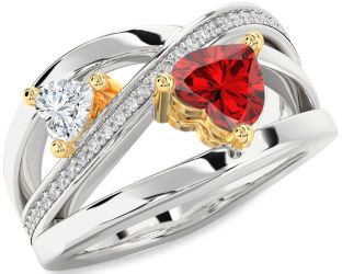 Diamond Emerald Platinum & Yellow Gold Two Heart Birthstone Ring