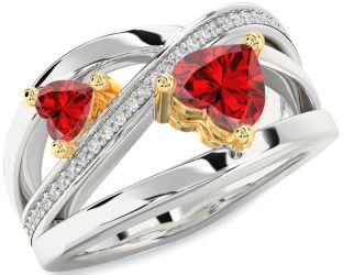 Diamond Emerald Platinum & Yellow Gold Two Heart Birthstone Ring