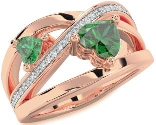 Diamond Emerald Rose Gold Two Heart Birthstone Ring