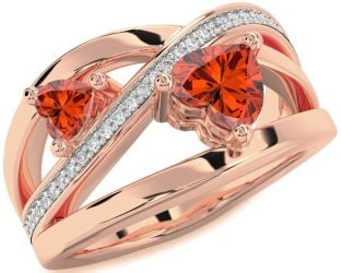 Diamond Fire Opal Rose Gold Silver Two Heart Ring
