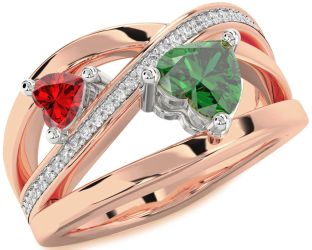 Diamond Emerald Platinum & Rose Gold Two Heart Birthstone Ring