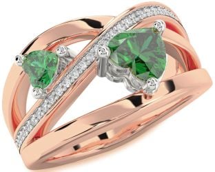 Diamond Emerald White Rose Gold Two Heart Birthstone Ring