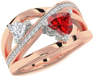 Diamond Emerald Platinum & Rose Gold Two Heart Birthstone Ring