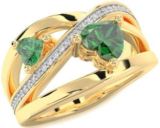 Diamond Emerald Gold Two Heart Birthstone Ring