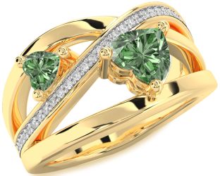 Green Diamond Gold Silver Two Heart Ring