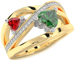 Diamond Emerald Platinum & Yellow Gold Two Heart Birthstone Ring
