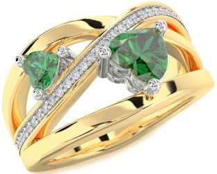 Diamond Emerald Platinum & Yellow Gold Two Heart Birthstone Ring