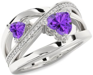 Diamond Emerald Silver Two Heart Birthstone Ring