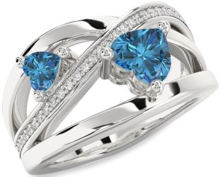 Blue Diamond Silver Two Heart Ring