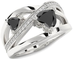 Diamond Black Onyx Silver Two Heart Ring