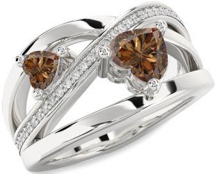 Chocolate Brown Diamond Silver Two Heart Ring